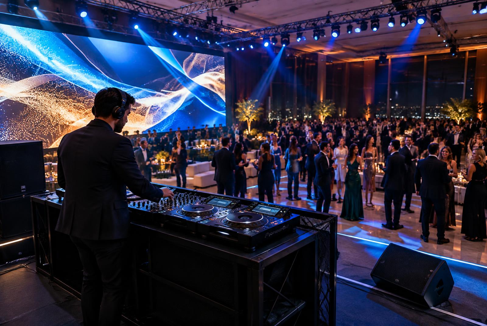 DJ operando uma estrutura audiovisual diante de um grande evento corporativo