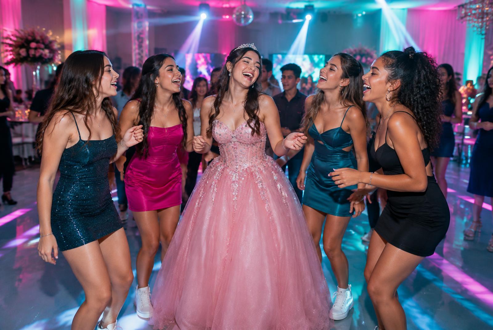 Debutante cantando e rindo com suas amigas na pista