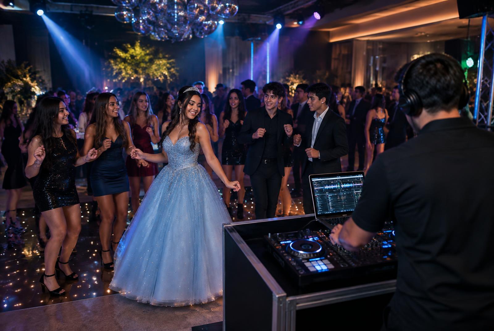 DJ operando a controladora diante da debutante e dos convidados