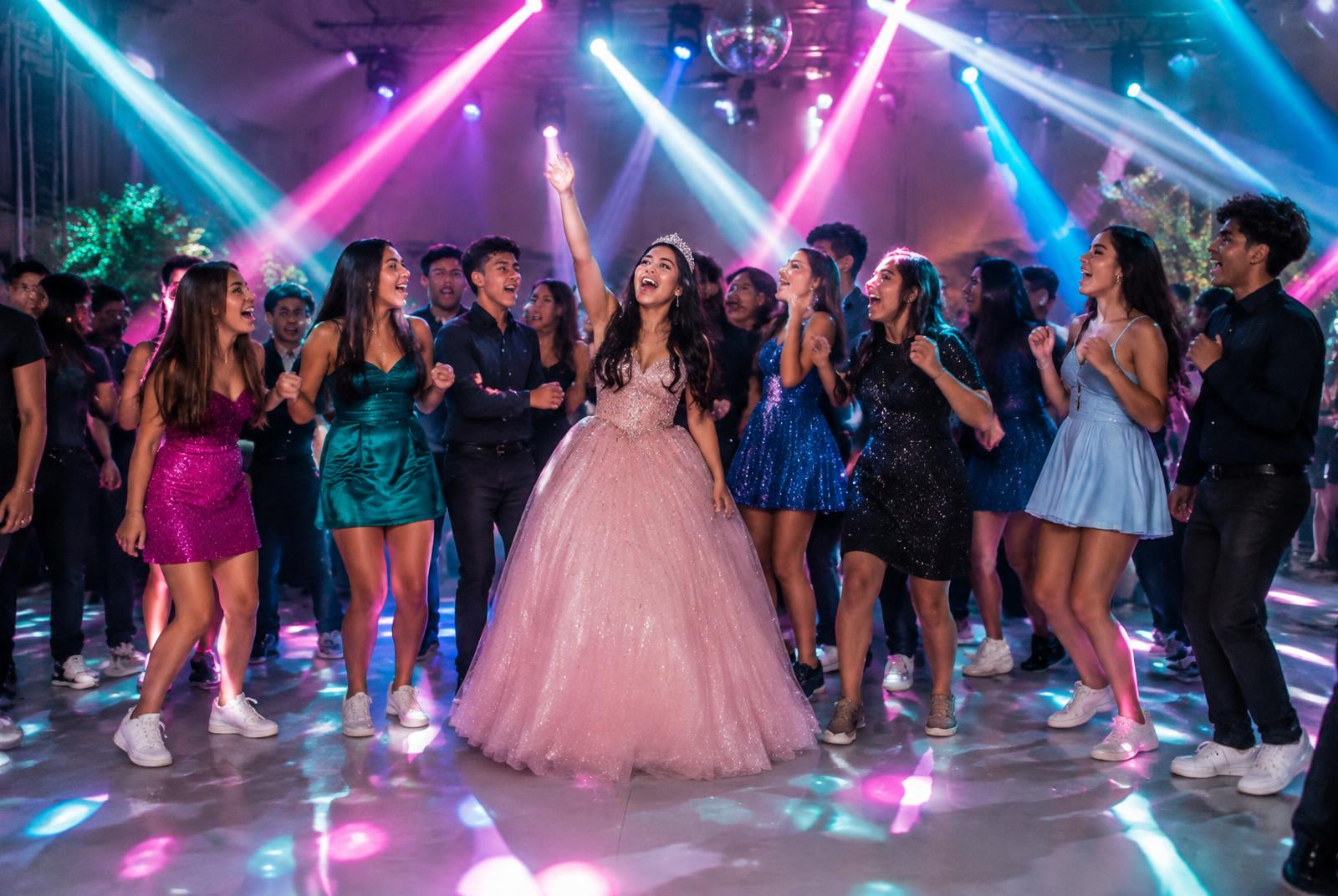 Debutante e amigos cantando juntos na pista cheia