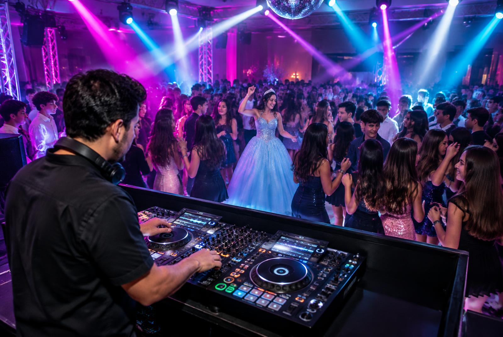 DJ conduzindo a pista enquanto a debutante dança com os amigos