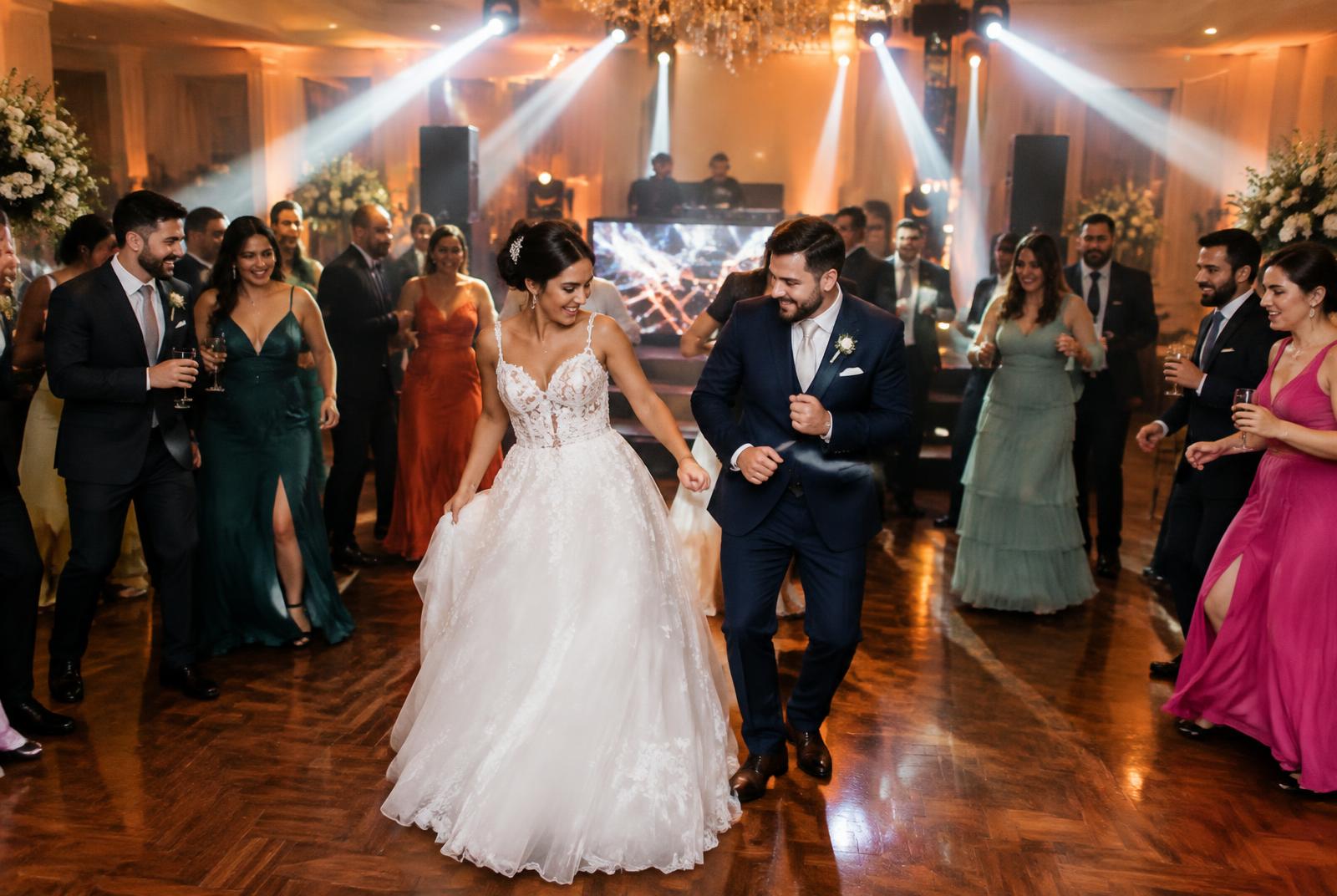 Casamento em salão clássico: pista, convidados e estrutura musical