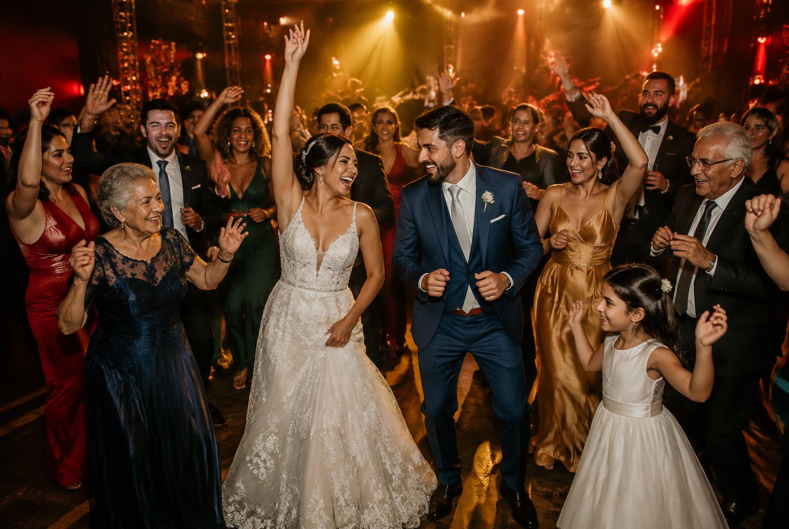 Noivos e convidados de várias gerações celebrando juntos
