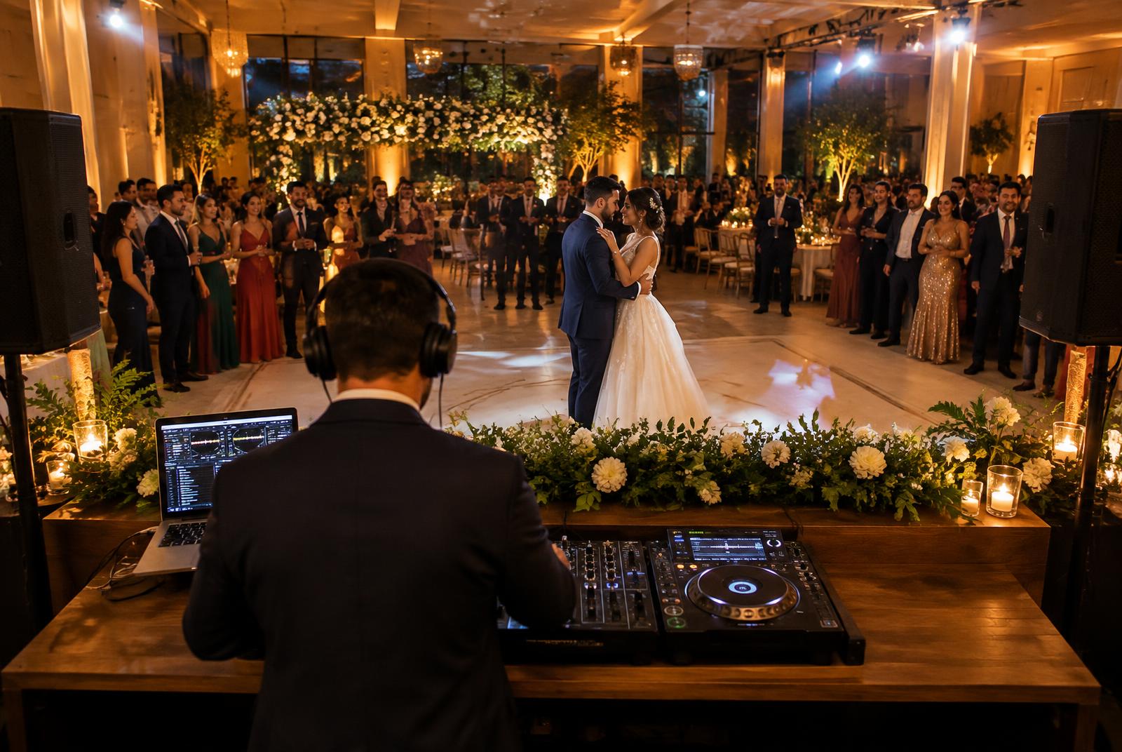 DJ preparando a música enquanto os noivos dançam diante dos convidados